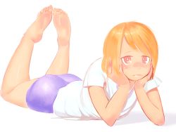 Rule 34 | 1girl, ass, bad id, bad pixiv id, bare legs, barefoot, bike shorts, blush, elbow rest, feet, full body, hands on own face, head rest, highres, legs up, lying, on stomach, orange hair, original, red eyes, shadow, shirt, short hair, short sleeves, shorts, simple background, soles, solo, tareme, the pose, toes, uni ponsuka, uniponsuka, white background, white shirt