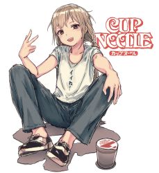 Rule 34 | 1girl, :d, bad id, bad pixiv id, black footwear, blonde hair, blush, brown eyes, bullfalk, clothes writing, denim, english text, full body, futaba anzu, hair tie, hand on own knee, head tilt, idolmaster, idolmaster cinderella girls, jeans, knees up, long hair, low twintails, nissin cup noodle, no socks, open mouth, pants, shirt, shoes, short sleeves, simple background, sitting, smile, solo, spread legs, translated, twintails, v, white background, white shirt