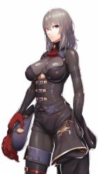 Rule 34 | 1girl, ascot, black bodysuit, blue eyes, bodysuit, breasts, eden grenze, grey hair, heterochromia, highres, kageshio (276006), large breasts, long hair, looking at viewer, red ascot, red eyes, silver (eden), smile, solo, thighs
