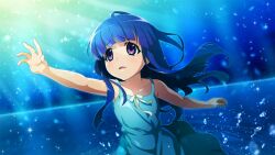 Rule 34 | 1girl, bare arms, blue background, blue hair, blunt bangs, bow, collarbone, dress, furude rika, green dress, highres, higurashi no naku koro ni, higurashi no naku koro ni mei, hime cut, long hair, official art, open mouth, outstretched arm, outstretched hand, purple eyes, raised eyebrows, ribbon, running, sad, scene reference, sidelocks, solo, yellow ribbon
