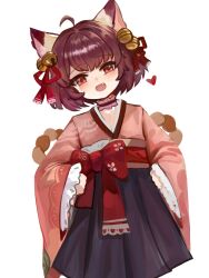 Rule 34 | 1girl, :d, ahoge, animal ear fluff, animal ears, bell, black hakama, blush, brown hair, cat ears, dokomon, fang, hair bell, hair ornament, hair ribbon, hakama, hakama short skirt, hakama skirt, heart, highres, ichihime, japanese clothes, jingle bell, kimono, long sleeves, looking at viewer, mahjong soul, obi, open mouth, pink kimono, red eyes, red ribbon, ribbon, sash, short hair, simple background, skirt, sleeves past wrists, smile, solo, white background, wide sleeves