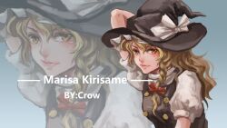 Rule 34 | 1girl, black hat, black vest, blonde hair, bow, braid, character name, closed mouth, hand on headwear, hat, hat bow, highres, kirisame marisa, looking at viewer, medium hair, morinosuke, orange eyes, puffy short sleeves, puffy sleeves, shirt, short sleeves, single braid, solo, touhou, upper body, vest, white bow, white shirt, witch hat, zoom layer