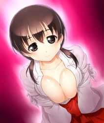 Rule 34 | 1girl, blush, breast press, breasts, breasts squeezed together, brown eyes, brown hair, cleavage, dutch angle, face, japanese clothes, jindai komaki, large breasts, miko, onsoku inu, saki (manga), smile, solo, twintails