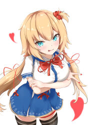 Rule 34 | 1girl, absurdres, akai haato, akai haato (1st costume), arms under breasts, black thighhighs, blonde hair, blue eyes, blue skirt, breasts, collared shirt, hair ornament, hair ribbon, heart, heart hair ornament, highres, hololive, karefu, large breasts, looking at viewer, nail polish, one side up, red nails, red ribbon, ribbon, shirt, skirt, smile, solo, thighhighs, tongue, tongue out, twintails, virtual youtuber, white background, white shirt