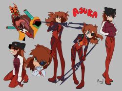 Rule 34 | 1girl, :/, :o, absurdres, alternate costume, animal hat, ass, bident, blue eyes, bodysuit, breasts, brown hair, character name, chimeraenvy, clenched teeth, eva 02, evangelion: 3.0+1.0 thrice upon a time, evangelion: 3.0 you can (not) redo, floating hair, full body, green eyes, grey background, hair between eyes, hat, highres, holding, holding weapon, injury, interface headset, jacket, looking at viewer, mecha, medium breasts, multiple views, neon genesis evangelion, official alternate costume, plugsuit, polearm, rebuild of evangelion, red bodysuit, robot, shaded face, sharp teeth, souryuu asuka langley, teeth, track jacket, two side up, weapon, white bodysuit