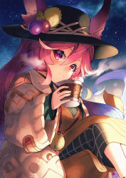 Rule 34 | 1girl, animal ear fluff, animal ears, blue hair, blush, cleo (dragalia lost), commentary request, cup, dragalia lost, dress, gradient hair, green dress, hat, hat ornament, highres, holding, holding cup, jacket, light, light smile, long hair, long sleeves, looking at viewer, mug, multicolored hair, nakabayashi zun, nebula, night, night sky, overall skirt, purple eyes, purple hair, rabbit ears, raised eyebrows, shadow, signature, sitting, skirt, sky, smile, solo, star (sky), starry sky, steam, very long hair, watermark, white jacket, yellow skirt