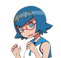 Rule 34 | 1girl, @ @, bare shoulders, bespectacled, blue eyes, blue hair, blue sailor collar, creatures (company), female focus, game freak, glasses, hairband, hands up, jaggy lines, lana (pokemon), matching hair/eyes, nintendo, open mouth, pokemon, pokemon sm, red-framed eyewear, sailor collar, short hair, simple background, sleeveless, solo, squid neetommy, white background, yellow hairband