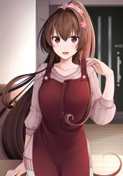 Rule 34 | 1girl, :d, absurdres, apron, apron lift, arm support, blush, breasts, brown eyes, brown hair, cherry blossoms, clothes lift, collarbone, commentary request, cowboy shot, female focus, fingernails, flower, hair between eyes, hair flower, hair intakes, hair ornament, highres, indoors, kantai collection, large breasts, long hair, long sleeves, looking at viewer, matching hair/eyes, open mouth, pants, pink sweater, ponytail, red apron, ribbed sweater, sidelocks, smile, solo, standing, sweater, upper body, very long hair, white pants, wooden floor, yamato (kancolle), yunamaro