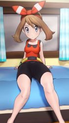 Rule 34 | 1girl, 3d, arm support, bare arms, barefoot, bed, bike shorts, blush, bow hairband, breasts, brown hair, cameltoe, cleft of venus, closed mouth, collarbone, commentary, creatures (company), curtains, eyelashes, fanny pack, frown, game freak, greatm8, grey eyes, hairband, highres, indoors, knees, leaning back, looking at viewer, may (pokemon), medium hair, nintendo, on bed, pokemon, pokemon oras, shirt, sitting, sleeveless, sleeveless shirt, solo, source filmmaker (medium), window