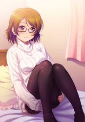 Rule 34 | 10s, 1girl, bespectacled, black pantyhose, blush, breasts, brown hair, frilled pillow, frills, glasses, knees to chest, koizumi hanayo, love live!, love live! school idol project, on bed, pantyhose, pillow, purple eyes, ribbed sweater, semi-rimless eyewear, shian (my lonly life.), short hair, sitting, smile, solo, sweater, thighband pantyhose, turtleneck, under-rim eyewear
