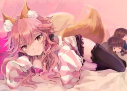 Rule 34 | 10s, 1girl, animal ears, black thighhighs, breast press, brown eyes, character doll, fate/extra, fate/extra ccc, fate (series), fox ears, fox tail, highres, hood, hoodie, jewelry, kishinami hakuno (female), kishinami hakuno (male), long hair, lying, mitu-yuki, necklace, official alternate costume, pink hair, scrunchie, sleeves past wrists, smile, solo, striped clothes, striped hoodie, tail, tamamo (fate), tamamo no mae (fate/extra), tamamo no mae (spring casual) (fate), thighhighs, wavy hair