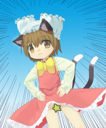 Rule 34 | 1girl, animal ears, bad id, bad pixiv id, bloomers, bloomers on head, brown hair, cat ears, cat girl, cat tail, censored, chen, dress, emphasis lines, female focus, gradient background, hands on own hips, hat, highres, kameyoh, multiple tails, novelty censor, object on head, short hair, solo, tail, touhou, underwear