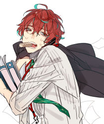 Rule 34 | 1boy, aqua hair, bags under eyes, commentary request, food in mouth, hagiwara daisuke, hair between eyes, holding, hypnosis mic, id card, kannonzaka doppo, lanyard, long sleeves, male focus, multicolored hair, necktie, open mouth, paper, red hair, short hair, solo, streaked hair, sweat, talking on phone, teeth, two-tone hair, upper body, white background