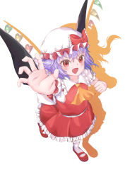 Rule 34 | 1girl, :d, arm up, arms up, ascot, bat wings, blue hair, blush, bobby socks, clenched hand, colored shadow, cosplay, different shadow, fang, flandre scarlet, flandre scarlet (cosplay), foreshortening, frilled shirt collar, frilled skirt, frills, from above, hat, highres, looking at viewer, mary janes, mob cap, open mouth, petticoat, reaching, reaching towards viewer, red eyes, red footwear, red skirt, red vest, remilia scarlet, remitei03, shadow, shoes, short hair, skirt, skirt set, smile, socks, solo, standing, standing on one leg, touhou, vest, white hat, white socks, wings, wrist cuffs, yellow ascot