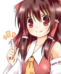 Rule 34 | 1girl, bow, brown hair, detached sleeves, female focus, hair bow, hair tubes, hakurei reimu, hisae (hisae collect), japanese clothes, miko, red eyes, simple background, smile, solo, touhou, white background