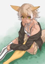 Rule 34 | 1girl, american flag, animal ears, asymmetrical legwear, bare shoulders, black thighhighs, blonde hair, blush, brown jacket, brown skirt, commentary, coyote (kemono friends), dark-skinned female, dark skin, extra ears, from above, grey skirt, hair between eyes, highres, jacket, kemono friends, kemono friends v project, light brown hair, long sleeves, looking at viewer, miniskirt, multicolored hair, pleated skirt, shirt, sidelocks, sitting, skirt, smile, solo, spaghetti strap, striped clothes, striped thighhighs, tail, tanabe (fueisei), thighhighs, two-tone thighhighs, vertical-striped clothes, vertical-striped thighhighs, virtual youtuber, white hair, white shirt, white thighhighs, wolf ears, wolf girl, wolf tail, yellow eyes, yellow thighhighs, zettai ryouiki