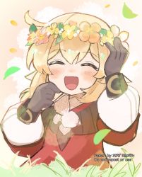 Rule 34 | 1girl, :d, black gloves, blush, closed eyes, confetti, flower, gloves, hands up, happy, head wreath, highres, leaf, okkobc, open mouth, original, petals, smile, solo