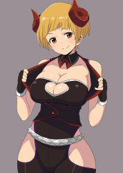 Rule 34 | 10s, 1girl, bad id, bad pixiv id, black gloves, blonde hair, breasts, cleavage, cleavage cutout, clothing cutout, demon horns, fingerless gloves, fukuda noriko, gloves, grey background, heart cutout, horns, idolmaster, idolmaster million live!, large breasts, nash (na-si), orange eyes, short hair, simple background, smile, solo