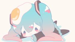 Rule 34 | 1girl, aqua eyes, aqua hair, beige background, black legwear, black sleeves, blush stickers, chibi, commentary, egg, egg hair ornament, food-themed hair ornament, fuyuzuki gato, gradient hair, hair ornament, hatsune miku, highres, long hair, lying, multicolored hair, on stomach, open mouth, pink hair, smile, solo, twintails, very long hair, vocaloid