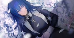 Rule 34 | 1girl, absurdres, alternate hair length, alternate hairstyle, amirun, black dress, black keys (type-moon), blue hair, chain, chain necklace, ciel (tsukihime), closed eyes, closed mouth, commentary request, cross, cross necklace, dress, flower, flower bed, habit, hair between eyes, highres, jewelry, latin cross, long hair, long sleeves, lying, necklace, nun, own hands together, petals, smile, solo, traditional nun, tsukihime, tsukihime (remake), weapon, white flower