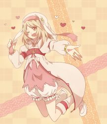 Rule 34 | 00s, 1girl, ;d, alice (tales), blonde hair, bloomers, boots, brown eyes, checkered background, full body, gasshu (mikuwolove), heart, one eye closed, open mouth, outstretched hand, short hair, skirt, smile, solo, tales of (series), tales of symphonia, tales of symphonia: dawn of the new world, underwear, veil, white bloomers, wink, yellow background