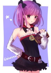 Rule 34 | 1girl, bare shoulders, belt, black dress, blue background, blush, book, cowboy shot, detached collar, detached sleeves, dress, fate/grand order, fate (series), hand on own hip, helena blavatsky (fate), highres, holding, holding book, looking at viewer, parted lips, purple eyes, purple hair, short hair, simple background, solo, tanaji, twitter username