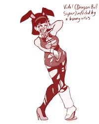 Rule 34 | 1girl, absurdres, animal ears, black--wave, blush, boots, bow, bowtie, cameltoe, dragon ball, dragon ball super, fake animal ears, hand on own head, headband, high heels, highres, messy hair, monochrome, open mouth, playboy bunny, rabbit ears, short hair, sketch, skirt, thighhighs, tongue, tongue out, torn clothes, videl