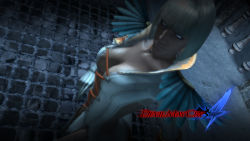 Rule 34 | 1girl, 3d, blue eyes, breasts, capcom, coat, copyright name, dark-skinned female, dark skin, devil may cry, devil may cry (series), devil may cry 4, dutch angle, female focus, from above, gloria (devil may cry), gloves, large breasts, logo, non-web source, official art, official wallpaper, solo, trench coat, trish (devil may cry), tsuchibayashi makoto, wallpaper, weapon, yoshikawa tatsuya