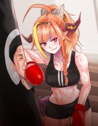 Rule 34 | 1girl, ahoge, alternate costume, alternate hairstyle, artist name, bare arms, bare shoulders, black hair, black shorts, black sports bra, blonde hair, blunt bangs, blush, bow, boxing gloves, braid, breasts, bright pupils, brown hairband, cleavage, collarbone, commentary, dated, diagonal-striped bow, dragon girl, dragon horns, dragon tail, english commentary, fang, gym shorts, hair bow, hair intakes, hairband, highres, hololive, horns, indoors, kiryu coco, kivo, long hair, looking to the side, medium breasts, midriff, multicolored hair, navel, orange hair, pink eyes, pointy ears, ponytail, punching bag, short hair, shorts, side braid, single braid, skin fang, sleeveless, smile, solo, sports bra, streaked hair, striped, striped bow, sweat, tail, toned, virtual youtuber, white pupils, yagoo
