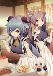 Rule 34 | + +, 3girls, :o, alternate costume, apron, architecture, bare back, bell, black eyes, black scarf, blue hair, blurry, cake, cone hair bun, depth of field, double bun, dress, drooling, east asian architecture, enmaided, floating, food, from behind, ganyu (genshin impact), genshin impact, hair between eyes, hair bun, halo, highres, horns, keqing (genshin impact), leaning forward, looking back, maid, maid apron, meat, mechanical halo, multiple girls, neck bell, paimon (genshin impact), plate, puffy short sleeves, puffy sleeves, purple eyes, purple hair, red eyes, salt shaker, sandwich, scarf, short sleeves, size difference, steak, strawberry cake, symbol-shaped pupils, table, tablecloth, white dress, white hair, window, xoaiu