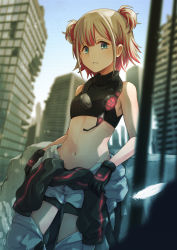 Rule 34 | 1girl, alternate costume, bare arms, black gloves, black shorts, blonde hair, blue eyes, blurry, blurry background, building, clothes around waist, commentary, crop top, feathers, feet out of frame, gloves, headphones, headphones around neck, highres, idolmaster, idolmaster shiny colors, leaning back, looking at viewer, midriff, multicolored hair, navel, outdoors, post-apocalypse, red hair, rock, satomura kyou, serizawa asahi, shorts, skyscraper, sleeveless, sleeveless turtleneck, solo, teeth, turtleneck, two-tone hair, two side up