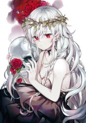 Rule 34 | 1girl, absurdres, bizet, black choker, black dress, braid, breasts, choker, cleavage, closed mouth, commentary request, dress, flower, hair between eyes, highres, holding, holding skull, laurel crown, long hair, looking at viewer, medium breasts, original, pointy ears, red eyes, red flower, red rose, rose, simple background, single braid, skull, solo, white background, white hair