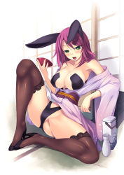 Rule 34 | 10s, 1girl, 2011, alcohol, amei sumeru, animal ears, bad id, bad pixiv id, black thighhighs, blush, breasts, cleavage, covered erect nipples, green eyes, high heels, highres, huge breasts, long hair, open mouth, original, purple hair, rabbit ears, rabbit girl, sake, shoes, smile, solo, spread legs, thighhighs