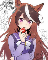 Rule 34 | 1girl, aimai (luckyfive), animal ears, bow, breasts, brown hair, closed mouth, food, fruit, hair between eyes, hand up, happy birthday, holding, holding food, horse ears, long hair, long sleeves, looking at viewer, medium breasts, multicolored hair, purple eyes, purple shirt, school uniform, shirt, simple background, smile, solo, strawberry, streaked hair, symboli rudolf (umamusume), tracen school uniform, umamusume, upper body, very long hair, white background, white bow, white hair