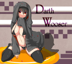Rule 34 | 1girl, bikini, black hair, black thighhighs, breasts, cleavage, covered erect nipples, darth wooser, front-tie top, hood, hoodie, kneeling, large breasts, long sleeves, open bikini, open clothes, original, red eyes, short hair, sitting, skindentation, solo, swimsuit, syroh, thighhighs, untied, wariza