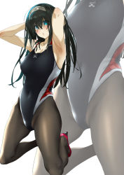 Rule 34 | 1girl, adidas, armpits, arms up, bare shoulders, black hair, black one-piece swimsuit, black pantyhose, blue eyes, blush, breasts, close-up, commentary request, competition swimsuit, covered navel, eyes visible through hair, hairband, hands in hair, high heels, highleg, highleg swimsuit, hip focus, idolmaster, idolmaster cinderella girls, kneeling, large breasts, legs, long hair, looking at viewer, one-piece swimsuit, pantyhose, pantyhose under swimsuit, pija (pianiishimo), puckered lips, sagisawa fumika, simple background, sweatdrop, swimsuit, thighs, white background
