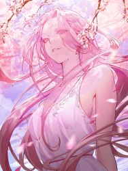 Rule 34 | 1girl, absurdres, branch, breasts, cherry blossoms, dress, eyes visible through hair, highres, long hair, looking at viewer, looking down, medium breasts, nea (nongta2002), original, parted lips, petals, pink eyes, pink hair, pink theme, see-through, see-through silhouette, solo, upper body