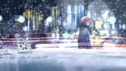 Rule 34 | 1girl, blurry, blurry background, commentary request, depth of field, expressionless, highres, hood, hood down, hooded jacket, jacket, kaf (kamitsubaki studio), kamitsubaki studio, light particles, light trail, looking at viewer, looking back, pink hair, rain, solo, splashing, sun 1200, upper body, virtual youtuber, water, water drop