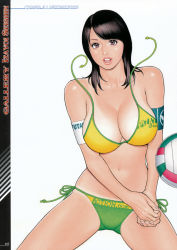 Rule 34 | 1girl, action pizazz, ball, bare shoulders, bikini, black hair, breasts, brown eyes, cleavage, green bikini, highres, izayoi seishin, large breasts, lips, looking at viewer, navel, open mouth, short hair, solo, swimsuit, tan, tanline, text focus, volleyball, volleyball (object), wardrobe malfunction