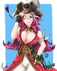 Rule 34 | 10s, 1girl, bare shoulders, blue background, blue eyes, blush, breasts, choker, cleavage, coat, fate/extra, fate/grand order, fate (series), francis drake (fate), hat, heart, highres, large breasts, lips, long hair, one eye closed, pants, pink hair, scar, smile, tongue, tongue out, wink