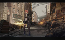 Rule 34 | 1girl, absurdres, american flag, asymmetrical clothes, bad id, bad pixiv id, black coat, black footwear, black gloves, black skirt, blouse, breasts, brown thighhighs, building, car, city, cityscape, closed mouth, coat, crane (machine), darcy (pixiv11949485), day, expressionless, fire, flag, gloves, grey eyes, grey sky, gun, hair ornament, highres, holding, holding gun, holding weapon, holster, legs apart, letterboxed, mechanical arms, military, military truck, military uniform, military vehicle, miniskirt, motor vehicle, open clothes, open coat, original, outdoors, pleated skirt, red hair, rifle, road, rubble, science fiction, shirt, shoes, short hair, sign, single mechanical arm, skirt, sky, solo, standing, street, thigh holster, thighhighs, trigger discipline, truck, uniform, weapon, white shirt, window, zettai ryouiki, zipper pull tab