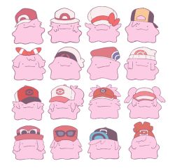 Rule 34 | backwards hat, baseball cap, beanie, black-framed eyewear, black eyes, black headwear, brendan (pokemon), calem (pokemon), closed mouth, clothed pokemon, commentary request, creatures (company), dawn (pokemon), ditto, elio (pokemon), ethan (pokemon), eyewear on headwear, game freak, gen 1 pokemon, hat, hilbert (pokemon), hilda (pokemon), jaho, leaf (pokemon), lucas (pokemon), lyra (pokemon), may (pokemon), nate (pokemon), nintendo, no humans, pokemon, pokemon (creature), pokemon bw, pokemon bw2, pokemon dppt, pokemon frlg, pokemon hgss, pokemon rse, pokemon sm, pokemon xy, red (pokemon), red headwear, rosa (pokemon), selene (pokemon), serena (pokemon), simple background, smile, solid circle eyes, sunglasses, visor cap, white-framed eyewear, white background, white headwear