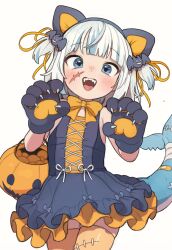 Rule 34 | 1girl, absurdres, animal ears, bare shoulders, black dress, blue eyes, blue hair, blunt bangs, bow, bowtie, dress, fake animal ears, fins, fish tail, gawr gura, hair ornament, hair ribbon, halloween, highres, hololive, hololive english, jack-o&#039;-lantern, multicolored hair, open mouth, opossumachine, orange bow, orange ribbon, pumpkin, ribbon, shark girl, shark tail, sharp teeth, simple background, sleeveless, sleeveless dress, solo, streaked hair, tail, teeth, thighhighs, two side up, virtual youtuber, white background, white hair