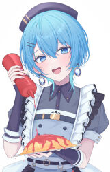 Rule 34 | 1girl, absurdres, black hat, blue eyes, blue hair, hat, highres, hololive, hoshimachi suisei, ketchup bottle, looking at viewer, maid, nolc, open mouth, short sleeves, solo, virtual youtuber