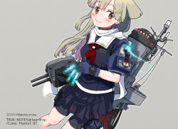 Rule 34 | 1girl, black serafuku, black skirt, blonde hair, blue gloves, character name, commentary request, dated, dutch angle, gloves, gradient hair, hair flaps, hair ornament, hairclip, holding, holding turret, kantai collection, long hair, looking at viewer, machinery, multicolored hair, name tag, neckerchief, pleated skirt, red eyes, red neckerchief, scarf, school uniform, serafuku, shikishima fugen, short sleeves, skirt, smile, solo, turret, twitter username, white scarf, yuudachi (kancolle), yuudachi kai ni (kancolle)