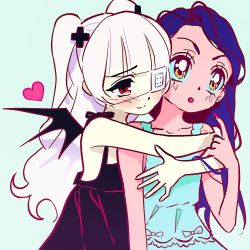 Rule 34 | 2girls, black dress, blue hair, blush, brown eyes, charlotte (vivinos), cross hair ornament, curtained hair, demon wings, dress, frilled dress, frills, hair ornament, half updo, heart, highres, hug, hug from behind, index finger raised, looking at another, looking up, minako (vivinos), multiple girls, nail polish, pink bitch club, red eyes, red nails, simple background, sleeveless, sleeveless dress, spaghetti strap, twintails, vivinos, white background, white dress, white hair, wings, yuri