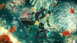 Rule 34 | 2boys, aerial fireworks, belt, black hair, black necktie, blonde hair, business suit, character request, commentary request, commission, confetti, copyright request, festival, fireworks, fish, formal, full body, goldfish, gun, hair over one eye, highres, holding, holding gun, holding weapon, jumping, long sleeves, male focus, multiple boys, necktie, night, night sky, original, outdoors, outstretched arm, rifle, skeb commission, sky, solo focus, stain, star (sky), starry sky, suit, summer festival, teeth, torino enaga, water, weapon, yellow necktie