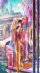 Rule 34 | 1girl, adjusting clothes, adjusting headwear, animal ears, arch, architecture, arm up, blue nails, blue sky, blunt bangs, bridge, brown hair, building, day, dress, east asian architecture, fingernails, floral print, flower, fox ears, fox tail, full body, full moon, fuzichoco, hair ornament, hat, hat flower, highres, holding, japanese clothes, kimono, lily pad, long dress, long fingernails, long hair, long sleeves, looking at viewer, lotus, moon, mountain, nail polish, original, outdoors, pond, pot, railing, red eyes, reflection, ribbon, sidelocks, sky, sleeves past wrists, solo, tail, traditional clothes, tree, veil, very long hair, water, wide sleeves, wisteria