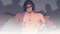 Rule 34 | 1boy, abs, adventurer (ff14), bara, bare pectorals, bare shoulders, beard stubble, brown hair, drunk, facial hair, feet out of frame, final fantasy, final fantasy xiv, highres, hyur, large pectorals, leather belt, lying, male focus, mature male, muscular, muscular male, mustache stubble, nude, off shoulder, official alternate hairstyle, on back, out-of-frame censoring, paid reward available, partially undressed, pectorals, presenting, seductive smile, shadow censor, short hair, sideburns, silhouette, smile, solo focus, spread legs, squeans, stomach, stubble, thick eyebrows, warrior of light (ff14), wkokbu