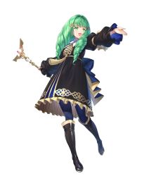 Rule 34 | 1girl, black dress, black footwear, blue pantyhose, boots, bow, detached sleeves, dress, female focus, fire emblem, fire emblem: three houses, fire emblem heroes, flayn (fire emblem), frills, full body, gold trim, green eyes, green hair, hair ornament, hand up, hands up, highres, holding, holding staff, knee boots, kousei horiguchi, long hair, long sleeves, looking at viewer, looking away, matching hair/eyes, nintendo, official art, open mouth, pantyhose, school uniform, smile, solo, staff, transparent background, turtleneck